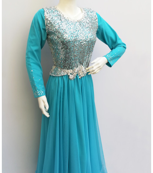 GreenDot - Blue Fancy Net Frock with Belt - Stitched