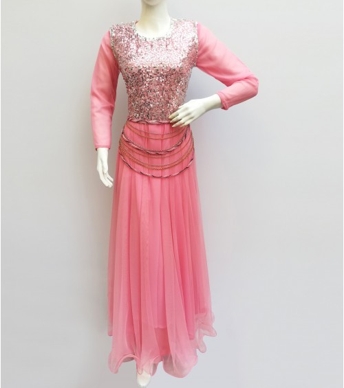 GreenDot - Pink Fancy Net Frock with Belt - Stitched