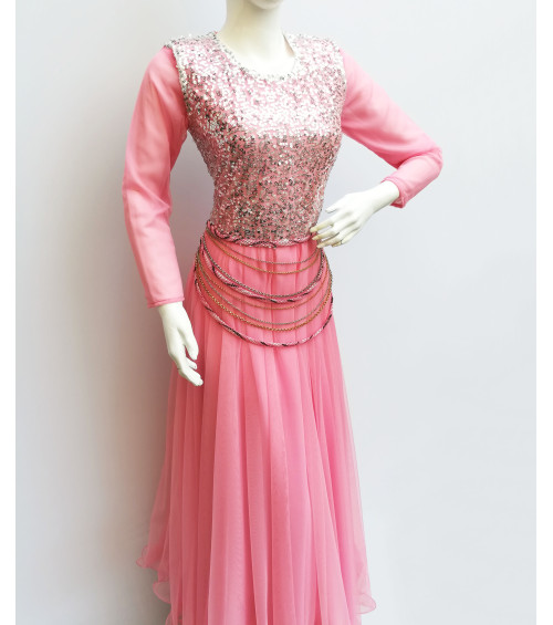 GreenDot - Pink Fancy Net Frock with Belt - Stitched