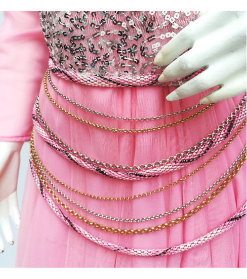 GreenDot - Pink Fancy Net Frock with Belt - Stitched