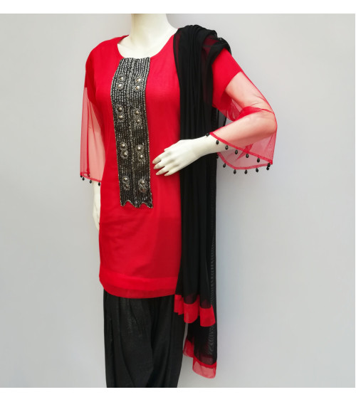 GreenDot - Net Shirt with Fancy Chiffon Tulip Shalwar and Net Dupatta (Stitched)