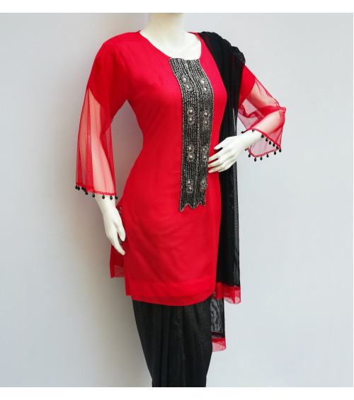 GreenDot - Net Shirt with Fancy Chiffon Tulip Shalwar and Net Dupatta (Stitched)