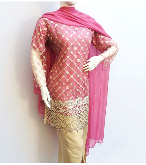 GreenDot - Fancy Embroidered Net Shirt with Zari Trousers and Chiffon Dupatta - Stitched