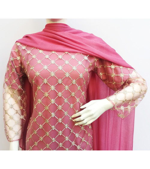 GreenDot - Fancy Embroidered Net Shirt with Zari Trousers and Chiffon Dupatta - Stitched