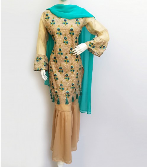 GreenDot - Embroidered Khadi Shirt with Chiffon Gharara and Dupatta - Stitched