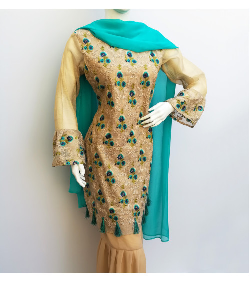 GreenDot - Embroidered Khadi Shirt with Chiffon Gharara and Dupatta - Stitched