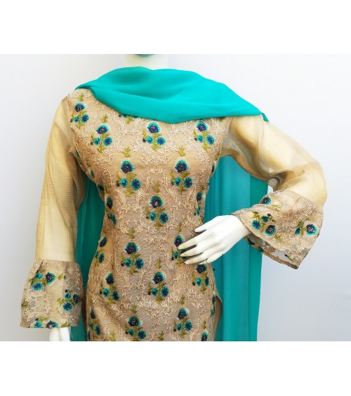 GreenDot - Embroidered Khadi Shirt with Chiffon Gharara and Dupatta - Stitched