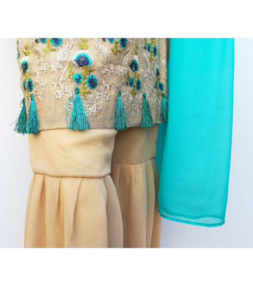 GreenDot - Embroidered Khadi Shirt with Chiffon Gharara and Dupatta - Stitched