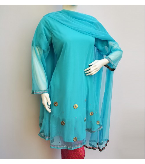GreenDot - Net Frock (Ring Work) and Dupatta with Jamawar Trousers - Stitched