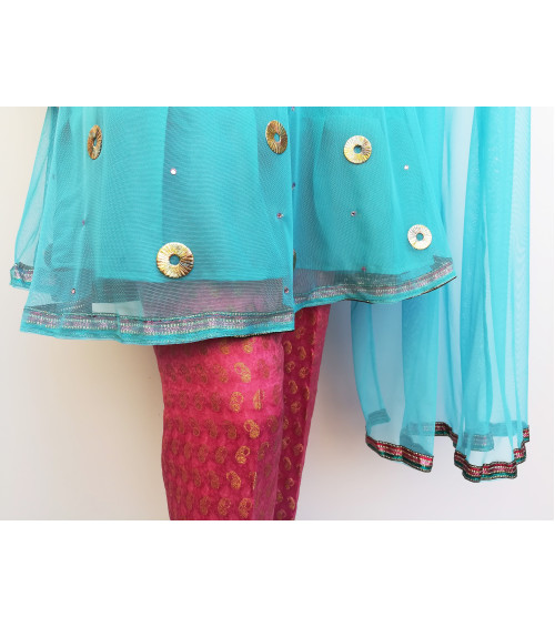 GreenDot - Net Frock (Ring Work) and Dupatta with Jamawar Trousers - Stitched