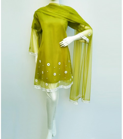 GreenDot - Net Frock (Ring Work) and Dupatta with Sittari Tight - Stitched