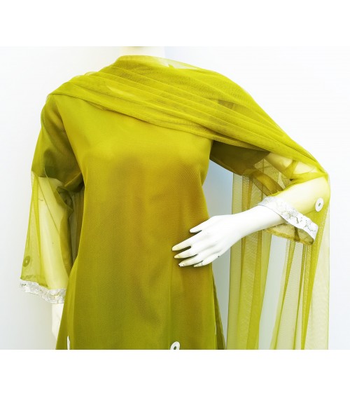 GreenDot - Net Frock (Ring Work) and Dupatta with Sittari Tight - Stitched