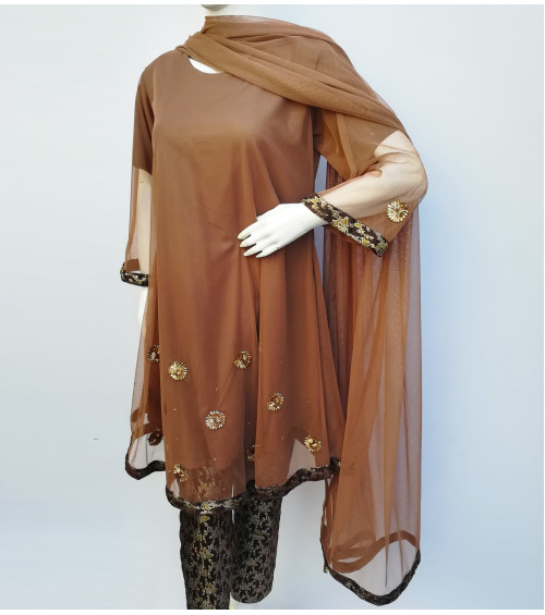 GreenDot - Net Frock (Gota Work) and Dupatta with Jamawar Trousers - Stitched