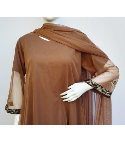 GreenDot - Net Frock (Gota Work) and Dupatta with Jamawar Trousers - Stitched